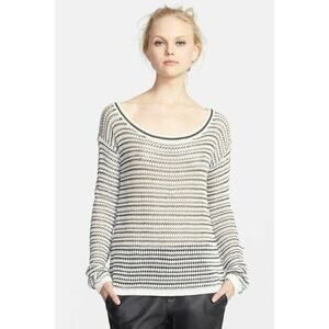 Alice + Olivia Ethan Striped Open Knit Green White Linen Sweater Medium NWT